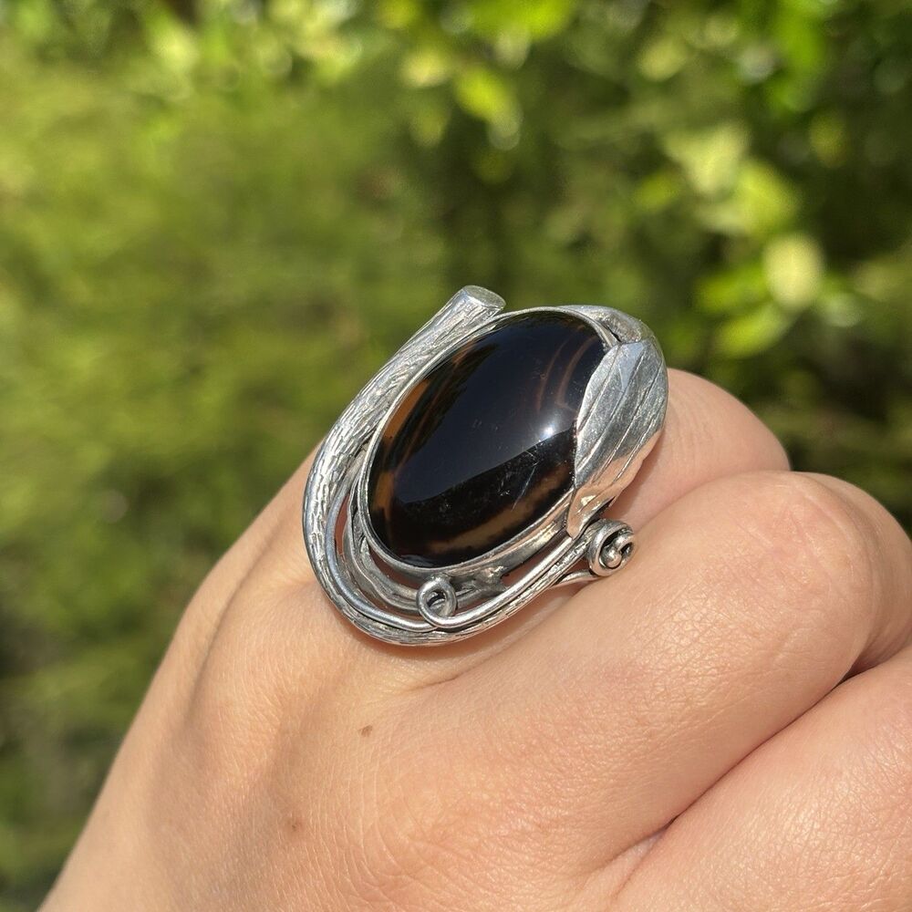 Vintage 925 Sterling Silver Large Black Agate Branch Leaf Ring Artisan sz8